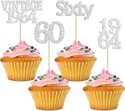 Gyufise 24Pcs Vintage 1964 Cupcake Toppers Cheers to 60 Fabulous Sixty Cupcake Picks Decorations for 60th Birthday Wedding Anniversary Party Cake Decorations Supplies Silver