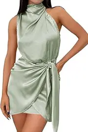 [Generic] Women's 2023 Fashion Satin Sleeveless Halter Neck Tie Waist Wrap Bodycon Cocktail Party Mini Dress