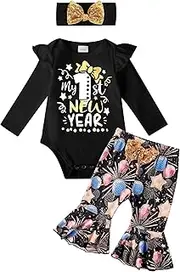 [DAKEIK] My First New Years Baby Girl Outfit Ruffle Long Sleeve Top Party Gift Pattern Pants Headband 3 Piece Set