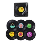 6pcs Vinyl Record Coaster Plastic Round Printed Drinks Coaster Set with Holder
