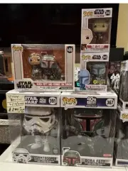 Lot Star Wars Funkos, MINT; Boba Fett, Mandalorian, Darth Maul, Vader Exclusives