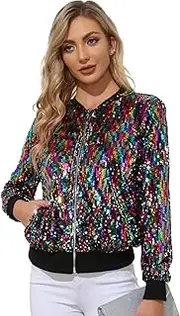 [KANCY KOLE] Women's Sequin Jacket Lightweight Long Sleeve Front Zip Blazer Bomber