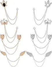[Ofeiyaa] 8Pcs Tassel Chain Brooch Collar Pins Wings Wolf Crown Eagle Lapel Pins for Men Vintage Rhinestone Suit Coat Shirt Brooches Pin Accessories for Wedding Gold Sliver Tone