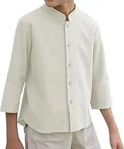 [Ermonn] Boys Button Up Short Sleeve Henley Shirt Summer Line Cotton Dress Shirts Tees Tops