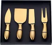 TEAHAHA 4-Piece Cheese Knife Set, Stainless Steel Cheese Knives, Slicer Cheese Cutter Cheese Tools, Hard and Soft Cheese Knives, Serving Fork & Cheese Spreader (Gold)