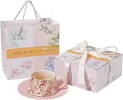 GIVVATE Coffee Cup - Cappuccino Cup and Saucers with Spoon, Floral 260ml Ceramic Mug for Double Shot, Latte, Cafe Mocha, Mother's Love Warm Choice(Peach Blossom)