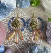 Sun and Moon Aura Quartz & Blue Quartz REIKI Charged gold wire wrapped earrings