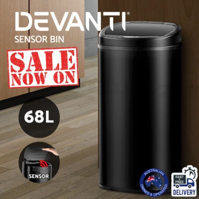 Devanti 68L Sensor Rubbish Bin Black Automatic Trash Waste Kitchen Home Office