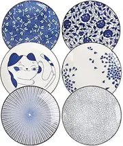 KitchenTour Large Ceramic Dinner Plates, 10 Inch Salad Plates Set of 6, Serving Plates for Dessert, Pasta, Appetizer, Dishwasher and Microwave Safe, Vintage Blue