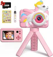 BlueFire Kids Selfie Camera, Mini 2 Inch Screen HD Digital Camera for Kids with 32GB SD Card & Cartoon Silicone Soft Cover for 4-9 Year Old Girls/Boys(Pink)