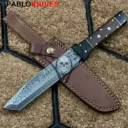 HAND FORGED DAMASCUS FIXED BLADE TANTO KNIFE with Micarta + Leather Sheath