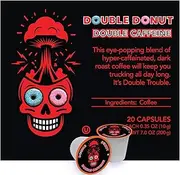 Double Donut High Caffeine Coffee Pods, Extra Strong Double Caffeine Dark Roast Coffee,Compatible with Keurig K Cups Brewers, 20 Count