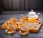 8 Pc Tea Set Glass Teapot With Infuser 600ml + Heart Warmer + 6 Cups With Saucer