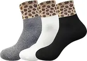 [PYEUIFT] Pack of 3 Crew Socks Women's 35-41 - Cotton Socks Leopard Print Women's - Tennis Socks with Leopard Print - Leo Socks Women's Winter Socks (1)