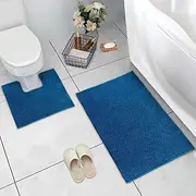 LINENOVA Chenille Bath Mat Set 2 Piece, Absorbent Non-Slip Bath Mat & U-Shaped Contour Toilet Rug, Plush Shaggy Bathroom Rug Set, Machine Wash, Navy