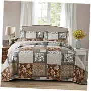 Cotton Bedspread Quilt Sets-Reversible Patchwork Coverlet Set, Queen Brown