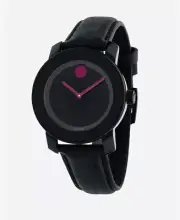 Brand New Movado Bold Women’s Pink Accent Black Dial Leather Strap Watch 3600482