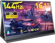 Portable Gaming Monitor, 16.1" 2.5K 144Hz Laptop Monitor, Dual USB C HDMI Second Computer Screen, Portable Gaming Display with Speakers, Travel Monitor for PS4/5 Xbox Switch MAC PC Phone