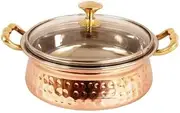 Handi With Lid Indian Copper Serveware Bowl with Solid Brass Handle for Indian Food Serving Bowls for Cereal, Soup, Cooked Food Party Serve Ware, Serving Dishes Copper, Steel Handi kadai Set (18 cm) (Handi With Lid)