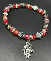 Silver colored Hamsa Hand Red Beads Bracelet for Good Luck