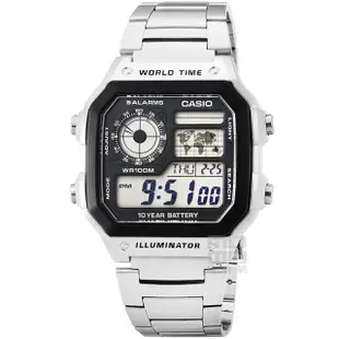 【CASIO 卡西歐】CASIO 卡西歐多時區鬧鈴電子鋼帶錶-黑(AE-1200WHD-1A 公司貨全配盒裝)