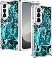 [SuzaCase] Clear Case for Samsung Galaxy Z Fold 5 - Samsung Z Fold 5 5G Case with Stylish Marble Teal Geometric Pattern Printed Durable Clear Shockproof Drop Protection Back Case for Samsung Z Fold5