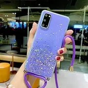 Glitter Sequins Star Lanyard Rope Case for Samsung Galaxy A51 A71 A50 A70 A31 A40 A10 A81 A91 A30 A7 A9 2018 Clear Strap Cover,Purple,for A9 2018