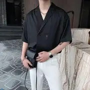 Lapel Collar Plain Double-Breasted Shirt (Various Designs) C48 - Short-Sleeve - Black - XL