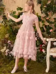 SHEIN Girls Floral Applique Embroidered Mesh 2 In 1 Dress Size 11-12Y