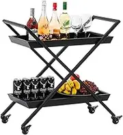 Kitchen Cart Rolling Cart X-shaped Wrought Iron Bracket 2 Tier High Capacity Storage Shelves with Wheel Bar Cart Tea Storage Cart Drink Cart