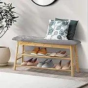 OIKITURE Shoe Rack Bench, 2-Tier Bamboo Shoe Organizer Bench with Extra Storage Drawers, Stool Storage Shelf with Soft Padden Seat for Bedroom Living Room Hallway ﻿