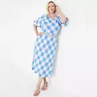 LANE BRYANT Crop Balloon-Sleeve Top & midi skirt set LINEN Lattice Check SIZE 22