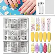 UNICRAFTALE 3Pcs Flowers Nail Plates Stamping Set Spring Bows Plants Stamp Nails Templates Reusable Stencils Stainless Steel DIY Nails Art Plates Nail Stamp Templates Kit Printing Tools