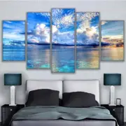 Seascape Ocean Sea & Blue Sky Clouds Framed 5 Piece Canvas Wall Art
