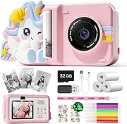 [Skirfy] Kids Camera Instant Print,Kids Selfie Video Camera Toddler 7-12 with DIY Glow Stickers,Print Paper&32GB Card,Birthday Boys,Pink Unicorns Toys for Girls Age 4-6