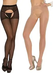 [Angelique] Womens Sexy Sheer Crotchless Pantyhose Hosiery Stockings Tights- 2 pack
