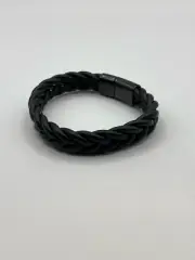 Black Twisted Leather Bracelet with Black Stainless Steel Magnetic Clasp