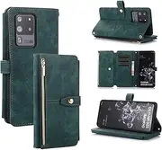 for Samsung Galaxy S20 Ultra Case,for Galaxy S20 Ultra 5G Wallet Case,Boyobacase PU Leather Wallet Stand Feature Cover[9 Card Holders][Zipper Coin Pocket] with Wrist Strap-Green