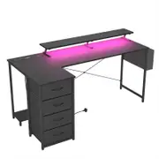 Advwin 160cm Black L Shaped Gaming Desk with LED Lights & Power Outlets Convertible Computer Desk with Monitor Stand