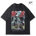 『1068』火車 ACDC 樂團 吉他 復古 印花 水洗 寬鬆 街頭 純棉 情侶 圓領 短袖TEE 【A88633】