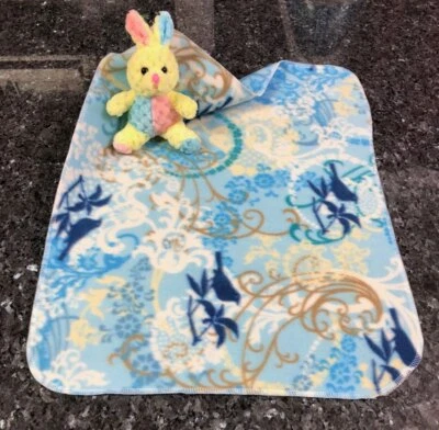 Handmade Blue Birds Floral Fleece Puppy Dog Comfort Security Blanket & Bunny Toy