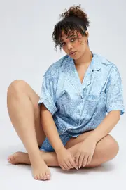 Blue Animal Print Leopard Satin Pj Contrast Piping Pyjama Set