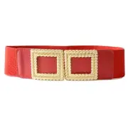 Women's Wide Elastic Square Weave Gold Buckle Corset Waist Belt for Dress Red