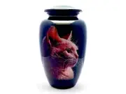 Cat Style Cremation Urn for Ashes 10"Blue Hand Painted Aluminum Burial Human Urn
