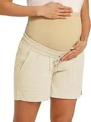 [Maacie] Maternity Workout Shorts Over The Belly Athletic Stretch Shorts Buttoned Running Shorts with 4 Real Pockets