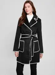 GUESS Women's Black Victoire Wrap Belt Coat Size: Small, Polyester