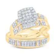 10K Yellow Gold Round & Baguette Diamond Trio Set Cushion Matching Rings 3/4 Ct.