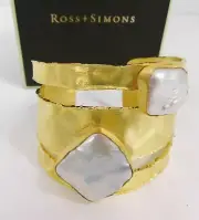 New Ross Simons Hammered Gold over Silver Baroque Pearl Cuff w/Box 56.7 grams