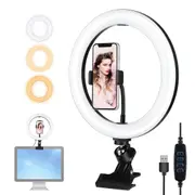 10.2 Ring Light with Monitor Clip & Usb 3 Modes Dual Colour Temperature Dimmable Curved Diffuse Vlogging Selfie Beauty Photography Video Lights Phone Clamp - Black