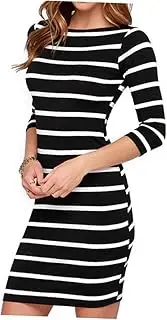 [BESTYASH] Women's Striped Mini Bodycon Dress Sleeve Casual Party Pencil Dress for Formal and Everyday Wear Xl Black